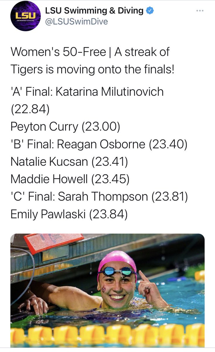 carmody_bridget's tweet photo. Former AquaJag, Maddie Howell c/o 2020 is making waves at LSU!! Proud of you, Maddie!! 💙🧡⁦@MC_BIGBLUE⁩ ⁦@madadad2⁩ #GeauxMADDIE https://t.co/iRdyCEIC50