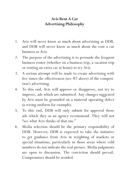 The Avis-DDB agreement on how to approach advertising