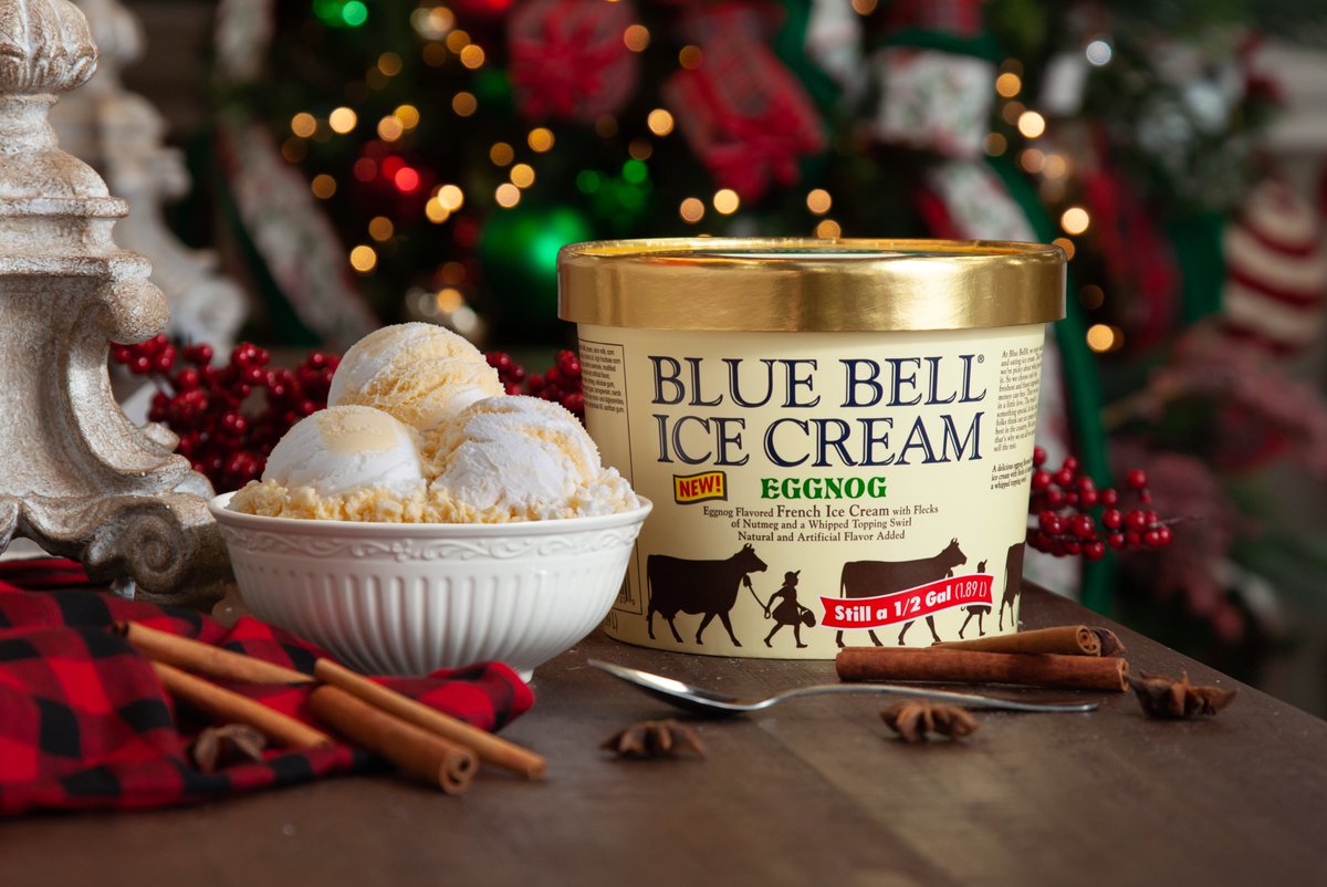 ILoveBlueBell's tweet photo. The holiday season’s most popular drink is your new favorite ice cream! Our new Eggnog Ice Cream arrives in stores beginning today. The flavor is a delicious eggnog flavored French ice cream with flecks of nutmeg and a whipped topping swirl. Available in the half gallon size. https://t.co/vjp87abv41