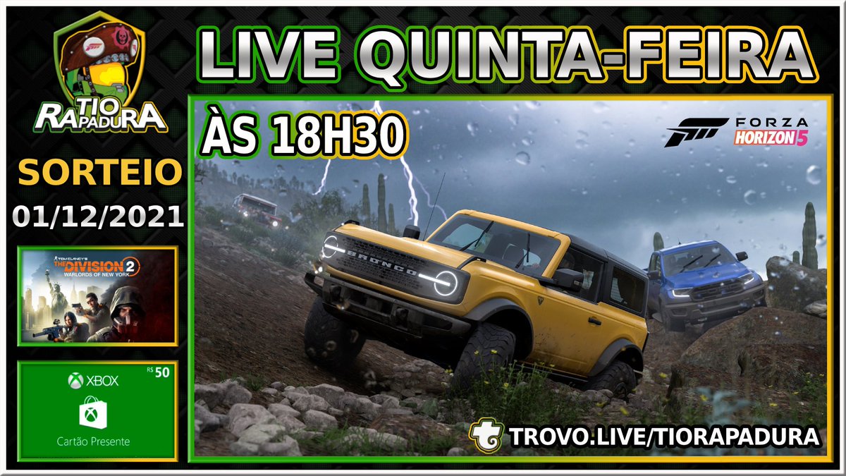 TioRapadura's tweet photo. 📢LIVE - FORZA HORIZON 5

Salve glra, hoje vamos cumprir a playslist do festival com comboio principal da #ganguedorapadura, em seguida com quem tiver no chat, aguardo vocês logo mais no canal https://t.co/SpshROuPE6 às 18h30.

#ForzaHorizon5 #xbox #XboxSeriesX #Livestream https://t.co/KksQjvxD5a