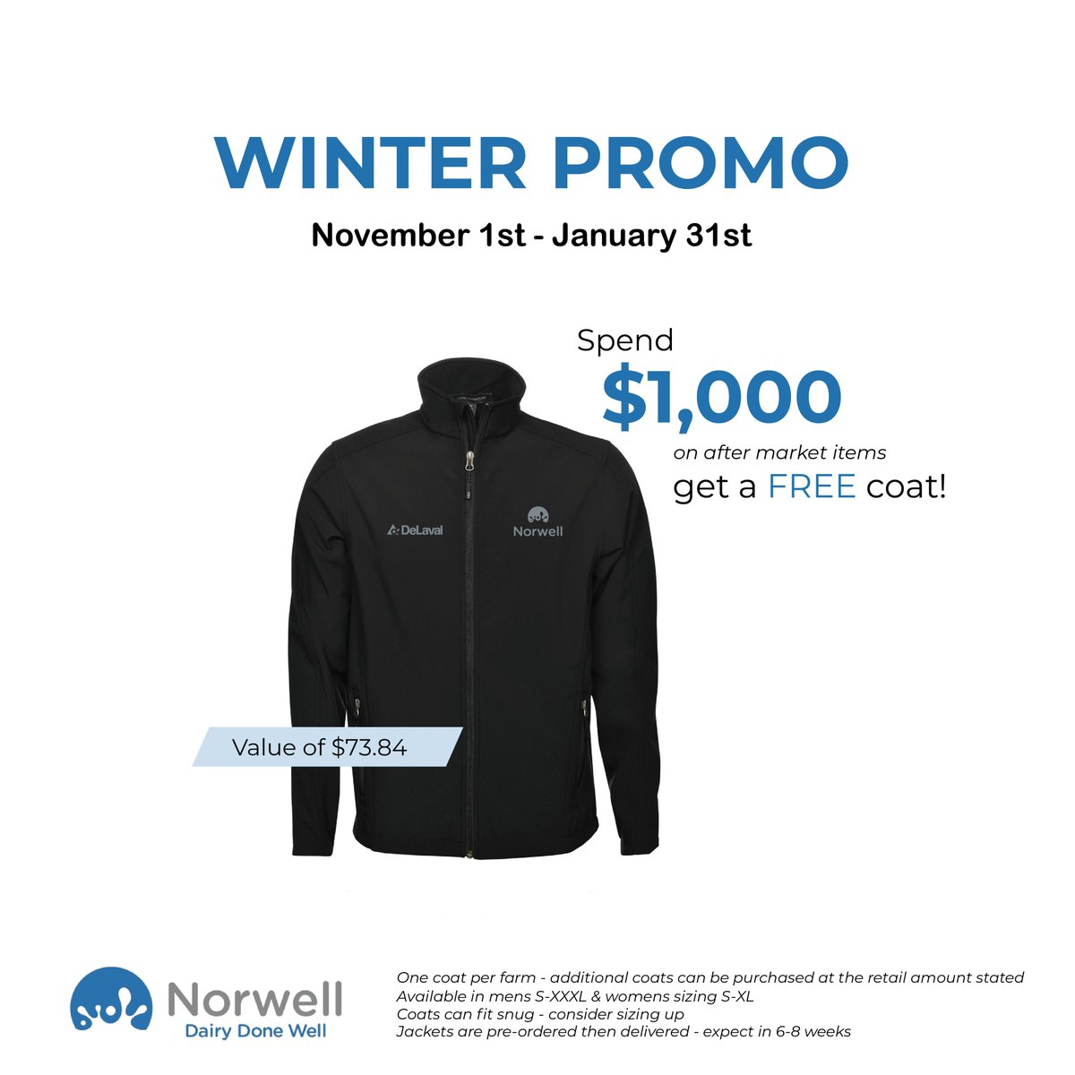 NorwellDairy's tweet photo. Our winter promo is on now until January 31st ❄️

GET A FREE COAT - when you spend $1000 on after market items! We also have an in stock blow out on our Quatro boots.

#dairydonewell #ontag #agriculture #farming #farmingtwitter https://t.co/EruVsj6crT