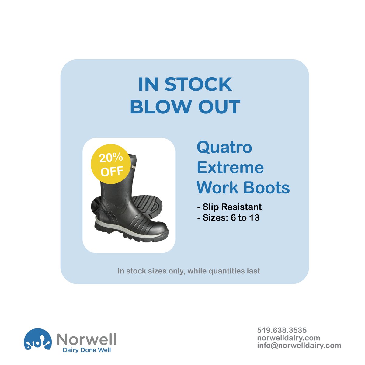NorwellDairy's tweet photo. Our winter promo is on now until January 31st ❄️

GET A FREE COAT - when you spend $1000 on after market items! We also have an in stock blow out on our Quatro boots.

#dairydonewell #ontag #agriculture #farming #farmingtwitter https://t.co/EruVsj6crT