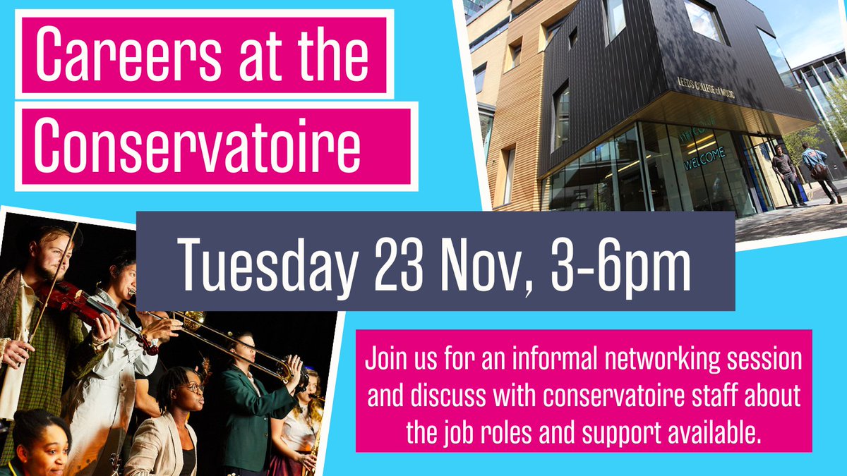 LeedsMusicDrama's tweet photo. Wondered what it's like working in a conservatoire? What careers are on offer?

Join us on Tues and discuss with staff about roles &amp; support available  - https://t.co/wHgavJM7hj

We're keen to reach underrepresented &amp; marginalised communities, so please share with your networks. https://t.co/F7BzFMQnd3