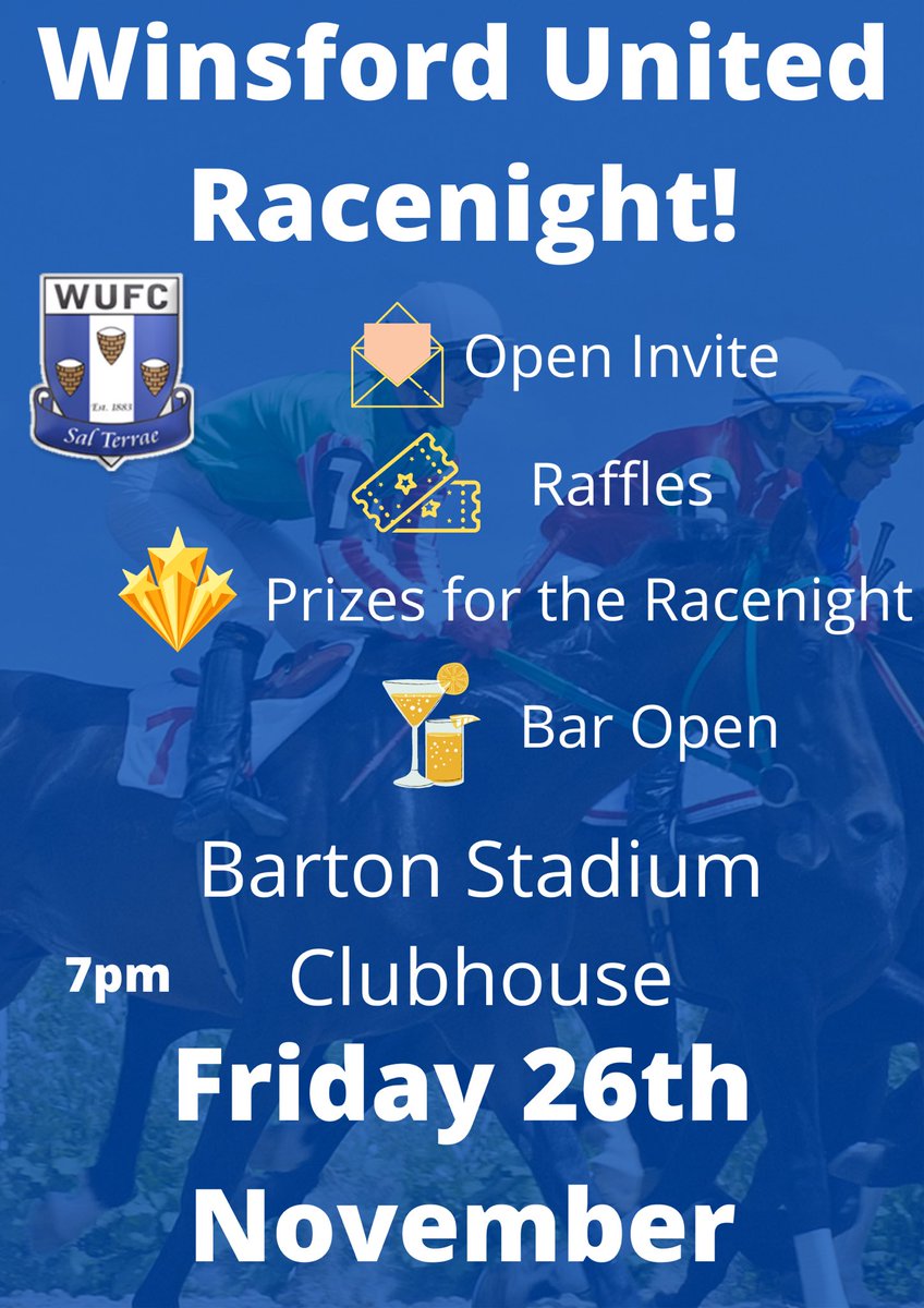 WinsfordUnited's tweet photo. ‼️WINSFORD UNITED RACENIGHT‼️

We are excited to announce the first of our monthly fundraisers, a racenight! We invite everyone to come along and help raise money for much needed club improvements💙

🔵Raffles
🔵Bar open
🔵Prizes to be won

We hope to see you there🤩
#SalTerrae https://t.co/wn6Wplg2fT