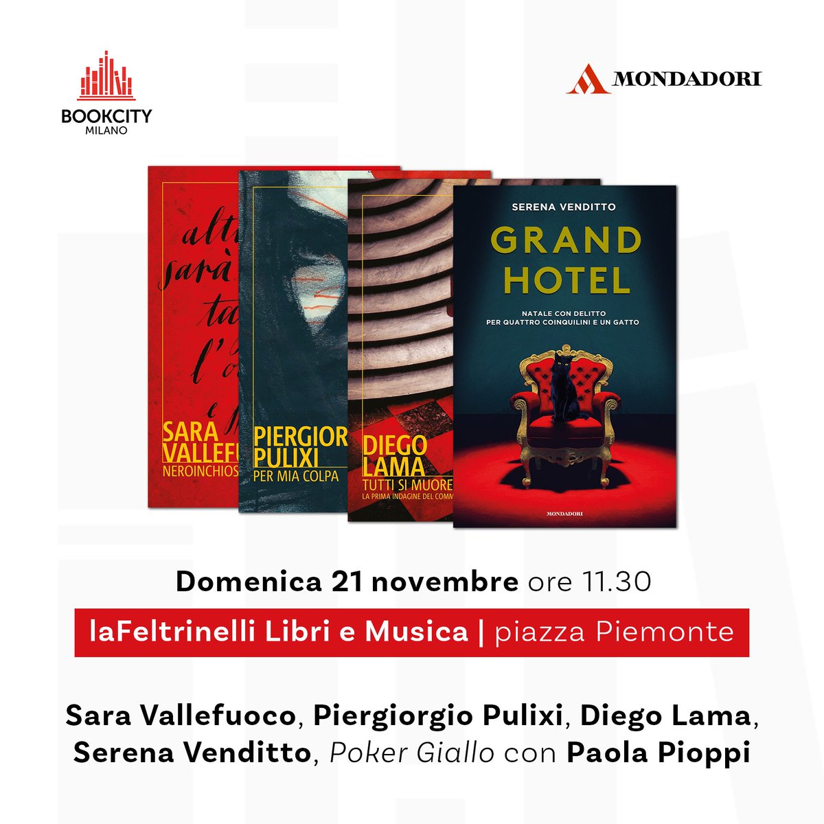 sara_vallefuoco's tweet photo. Poker Giallo domenica a @BOOKCITYMILANO!
#neroinchiostro
@Mondadori
@paolapioppi
#SerenaVenditto
@DiegoLama
@Pulixi82 https://t.co/kqE8vCgaOh