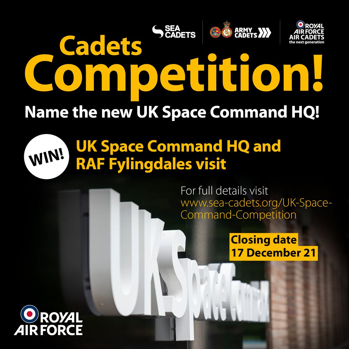 UK Space Command (@ukspacecmd) on Twitter photo Your mission is to name UK Space Command HQ!
We’re inviting cadet units across the country, be it the <a href="/SeaCadetsUK/">Sea Cadets</a>, <a href="/ArmyCadetsUK/">Army Cadets UK</a>, <a href="/aircadets/">RAF Air Cadets</a>, or <a href="/CCFcadets/">Combined Cadet Force</a>, to name our new headquarters.
The closing date for nominations is Friday 17 December 2021: sea-cadets.org/uk-space-comma… Your mission is to name UK Space Command HQ!
We’re inviting cadet units across the country, be it the <a href="/SeaCadetsUK/">Sea Cadets</a>, <a href="/ArmyCadetsUK/">Army Cadets UK</a>, <a href="/aircadets/">RAF Air Cadets</a>, or <a href="/CCFcadets/">Combined Cadet Force</a>, to name our new headquarters.
The closing date for nominations is Friday 17 December 2021: sea-cadets.org/uk-space-comma…