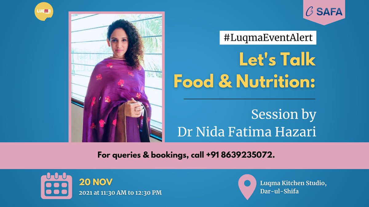 Safaindia's tweet photo. Do not miss out on this #event by Dr Nida Fatima Hazari if you wish to take a step towards #HealthyLiving!
This is the first, from a series of lectures on #nutritionalneeds of #women & #children, which will be held twice a month.
#SpreadTheWord & DM for further details! https://t.co/oAPjNVY10W