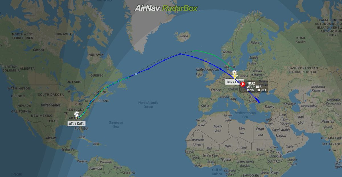AirNavRadar's tweet photo. Turkish Airlines flight #THY32G from Atlanta (ATL/KATL) to Istanbul (IST/LTFM) diverted to Berlin (BER/EDDB) after declaring an emergency. ✈️
https://t.co/kyZpnI8G3A 📡
#TurkishAirlines #TK32 #Squawk7700 https://t.co/6m35mOHtCR