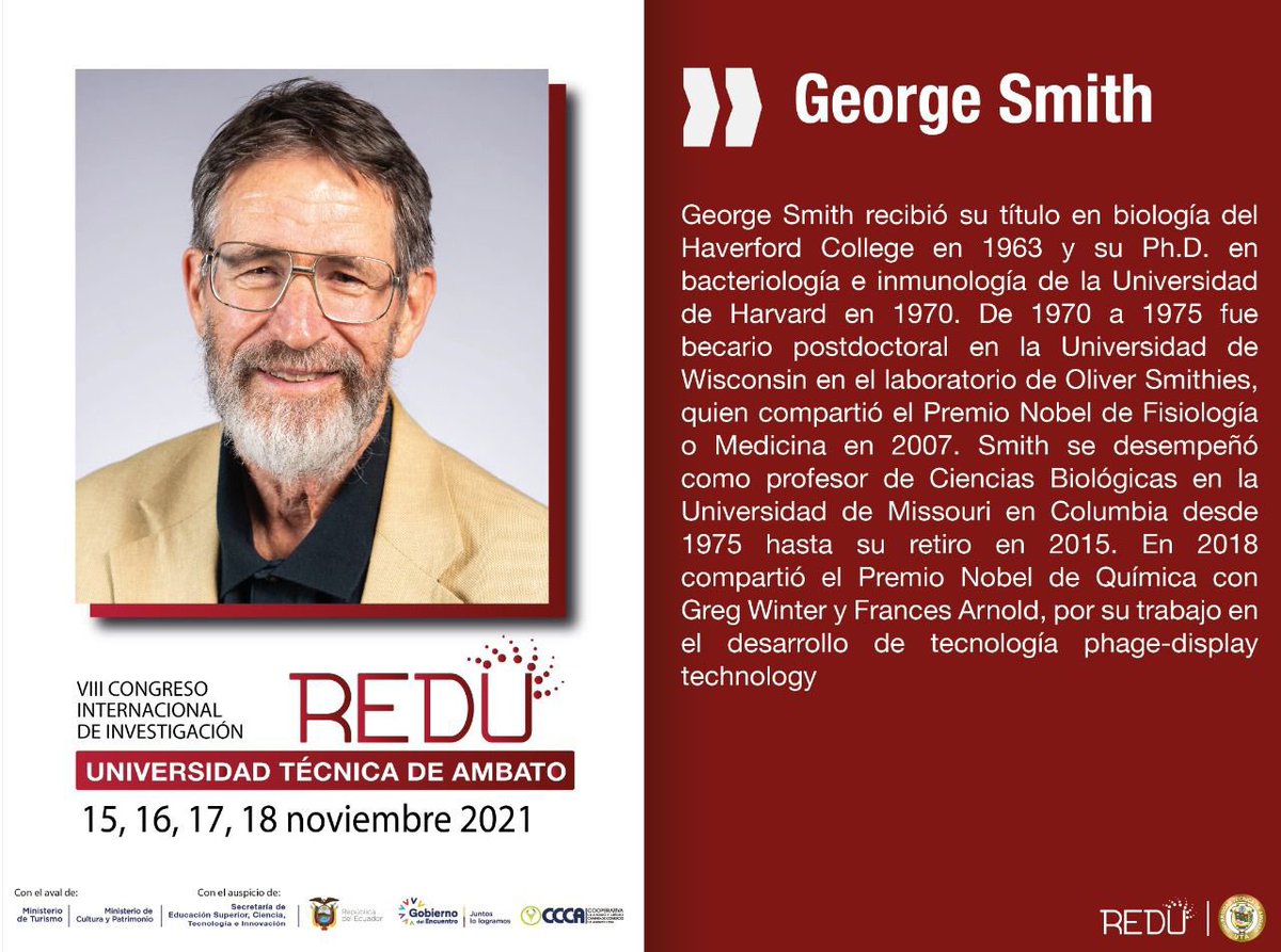 UTecnicaAmbato's tweet photo. 🗣 Hoy‼️

Estamos a pocas horas de iniciar la charla magistral junto a nuestro invitado especial George Smith premio Nobel de Química. 

Sigue la transmisión en vivo en nuestra fan page. 

⏰ 10:00 

#CIIREDU21 #YoSoyDeLaUTA @OficialREDU https://t.co/4DFyFEMUJr