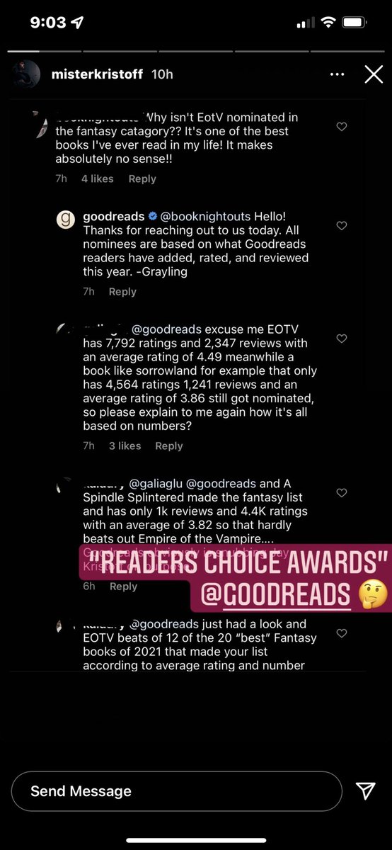 a jay kristoff stan commenting at GoodReads on Instagram, complaining why empire of the vampire wasn't nominated for the GoodReads choice awards.