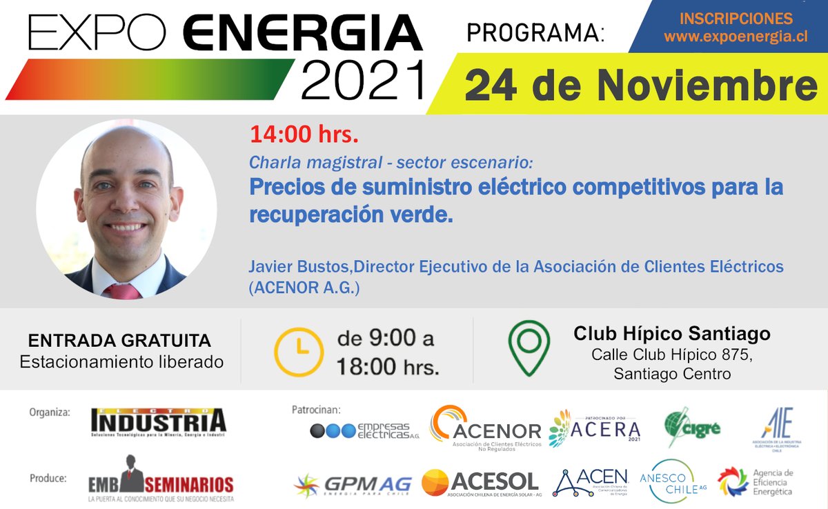 🟢No se pierda la charla magistral que realizará nuestro director ejecutivo <a href="/jbsalvagno/">Javier Bustos</a> el 24 de noviembre a las 14:00 hrs. y donde abordará la importancia de precios de suministro eléctrico competitivos para la recuperación verde. 
Más información en: lnkd.in/dCigvbN4