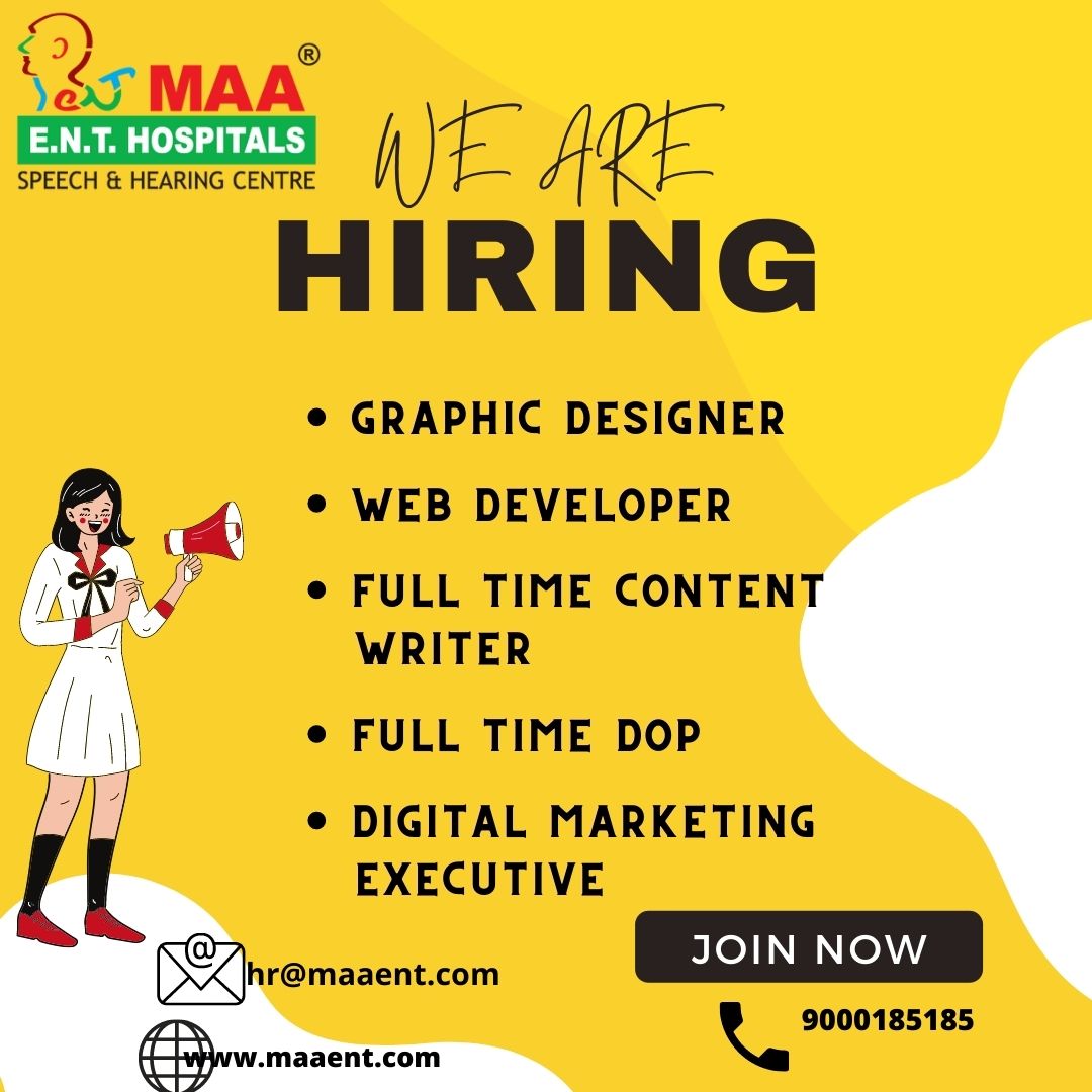 MaaAids's tweet photo. We are Hiring!.....

- Graphic Designer
- Web Developer
- Full Time Content Writer
- Full Time DOP
- Digital Marketing Executive.
Send your Resumes at hr@maaent.com also can contact us at 9000185185
#Hiringalert #maaenthospitals #maaent https://t.co/Mw5pivPWHc