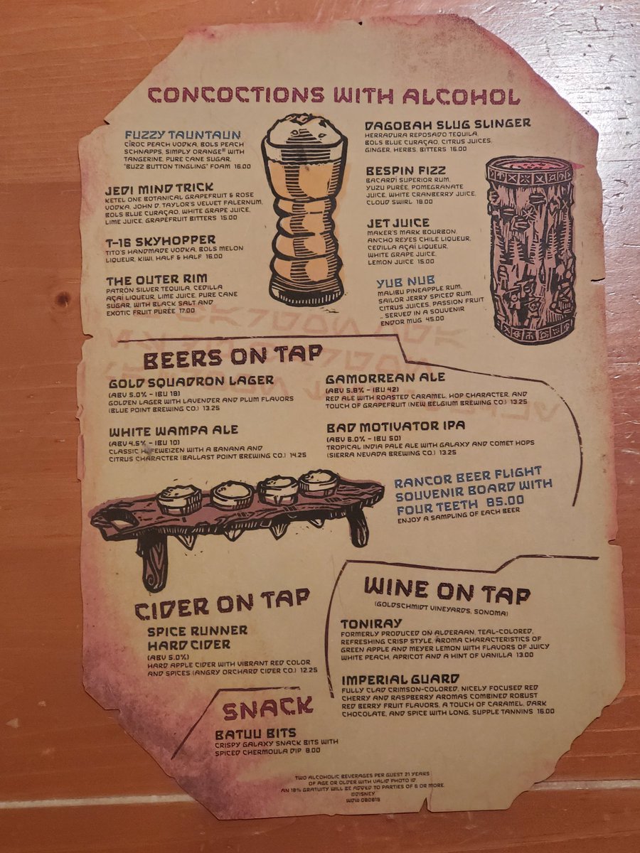 ThePfeiferCon's tweet photo. 2-sided menu from Oga's Cantina on opening day at Batuu East in 2019.

#galaxysedge #starwars #DisneyWorld50 #OgasCantina #batuu #batuueast #blackspireoutpost #pfeifercon #menu #drinks #cantina https://t.co/w8xnwb5LbB