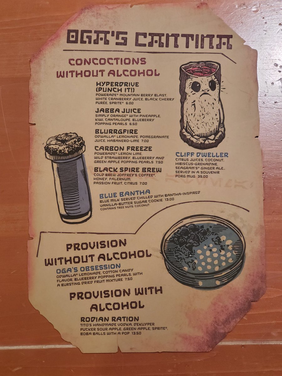 ThePfeiferCon's tweet photo. 2-sided menu from Oga's Cantina on opening day at Batuu East in 2019.

#galaxysedge #starwars #DisneyWorld50 #OgasCantina #batuu #batuueast #blackspireoutpost #pfeifercon #menu #drinks #cantina https://t.co/w8xnwb5LbB