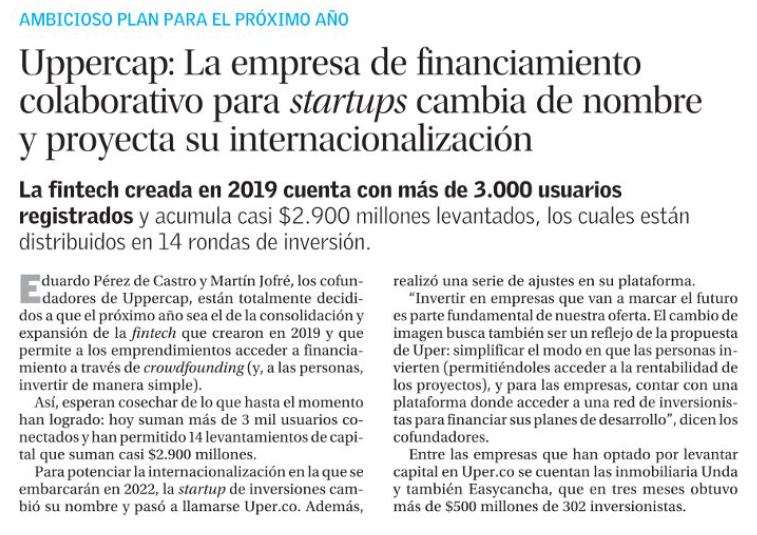 UperCo's tweet photo. ¡https://t.co/ud45ABNKeF en los medios 📣! Hoy estamos en el suplemento de #Innovación de El Mercurio con más novedades acerca de nuestro cambio de nombre y el plan de internacionalización que proyectamos en 2022 🗞️🌎 ¿Qué esperas para leer la nota? https://t.co/uJ6EuoX6ob