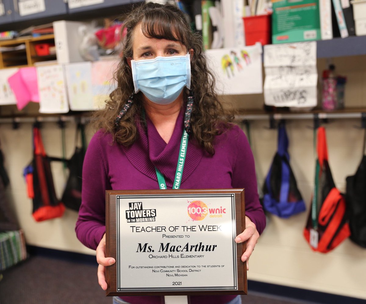 NCSD's tweet photo. Listen to @1003WNIC this morning to hear Ms. MacArthur of @NoviOrchardHill discuss being awarded teacher of the week. #NoviPride #WhyNovi #NoviTogether https://t.co/2sRSM186z6