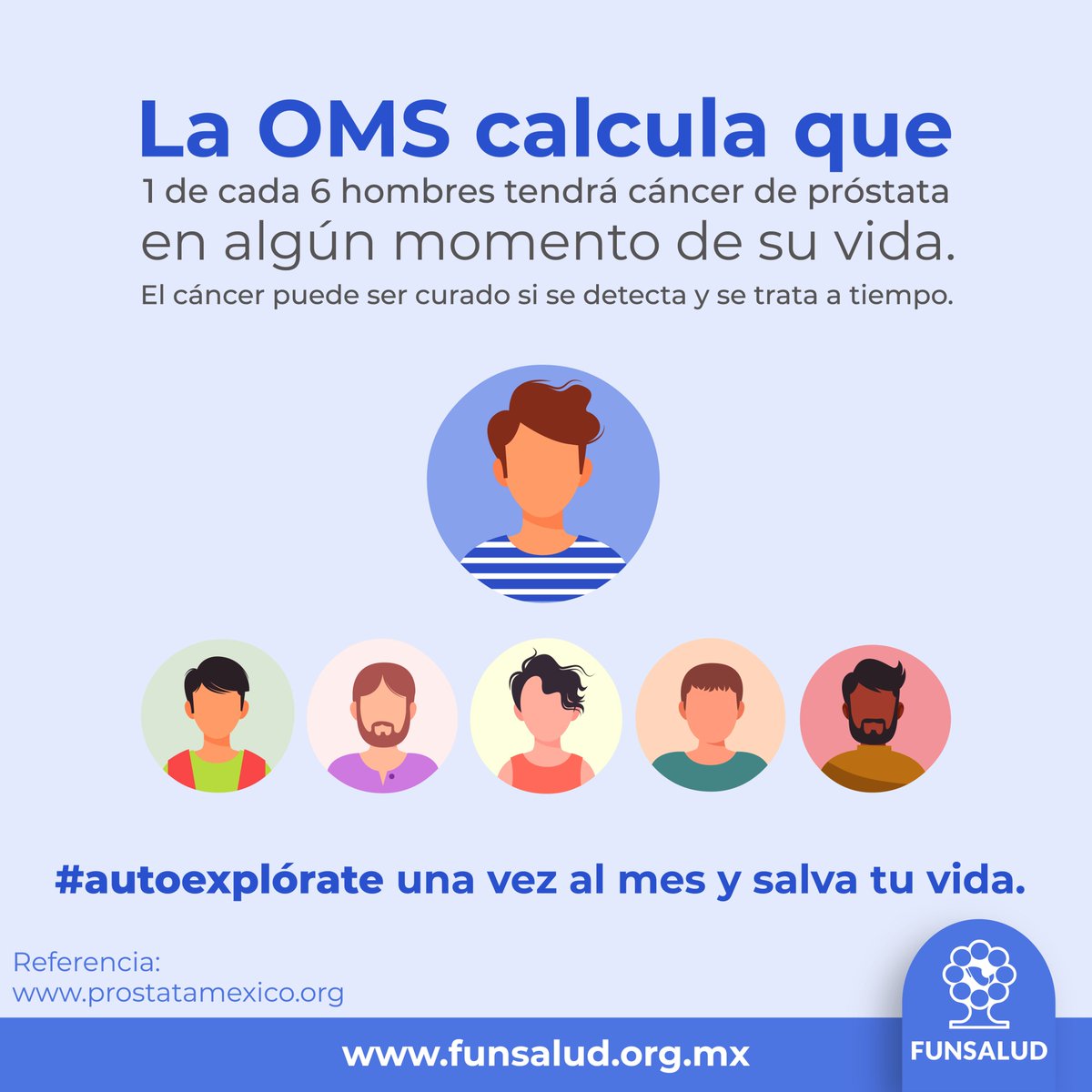 La OMS calcula que 1 de cada 6 hombres tendrá cáncer de próstata en algún momento de su vida.
El cáncer puede ser curado si se detecta y se trata a tiempo. #autoexplórate una vez al mes y salva tu vida. 
#hablemosdesalud funsalud.org.mx