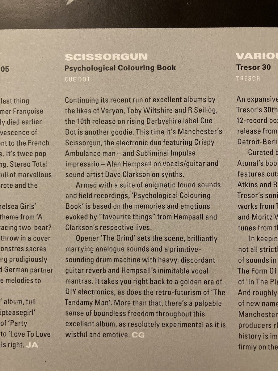 Many thanks to @GriffCarl and <a href="/ElectronicMagUK/">Electronic Sound</a> for the lovely review of our new Scissorgun <a href="/CueDotRecords/">Cue Dot Records</a> album in this months issue <a href="/SCISSORGUN/">Scissorgun</a>  <a href="/AlanHempsall/">Alan Hempsall</a> 👍😃