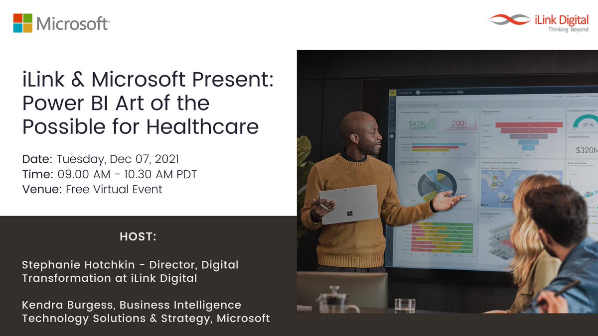 ilink_digital's tweet photo. #Microsoft & #iLinkDigital jointly hosting an exclusive virtual Event on "Power BI Art of the Possible for Healthcare".
Would you like to attend?
Please register: https://t.co/VTG2iHxoXl
#PowerBI #healthcare #virtualevent #datascience #DataAnalytics #dashboard #technology https://t.co/dEmxVkQKa3