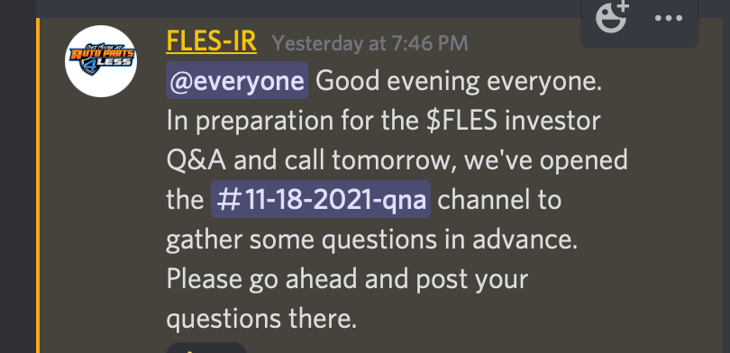 The4LessGroup's tweet image. We've opened up the Q&amp;amp;A on discord for the investor call today. Please join and let us know what questions you have. $FLES