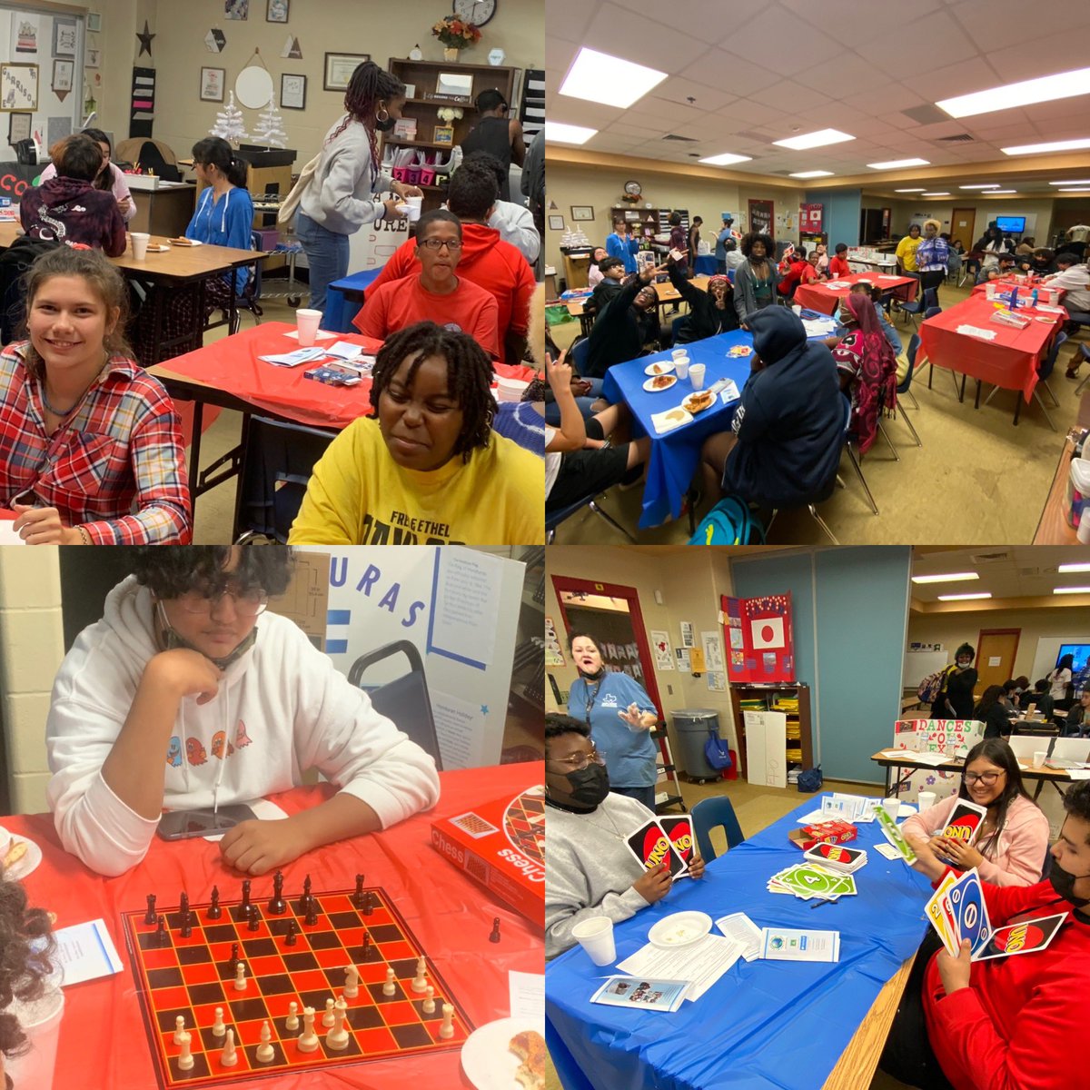 TrInternational's tweet photo. International Club &amp; Pruitt Teens had a blast at combined events Wed! IC Pizza &amp; Games recruitment day w Charlie Brown Friendsgiving Come. See Mrs. Bass in RR or Ms. Perez in the library to join. @WeAreTRHS  @PruittTeenLib #neisdlibs https://t.co/Km62ppeNM1