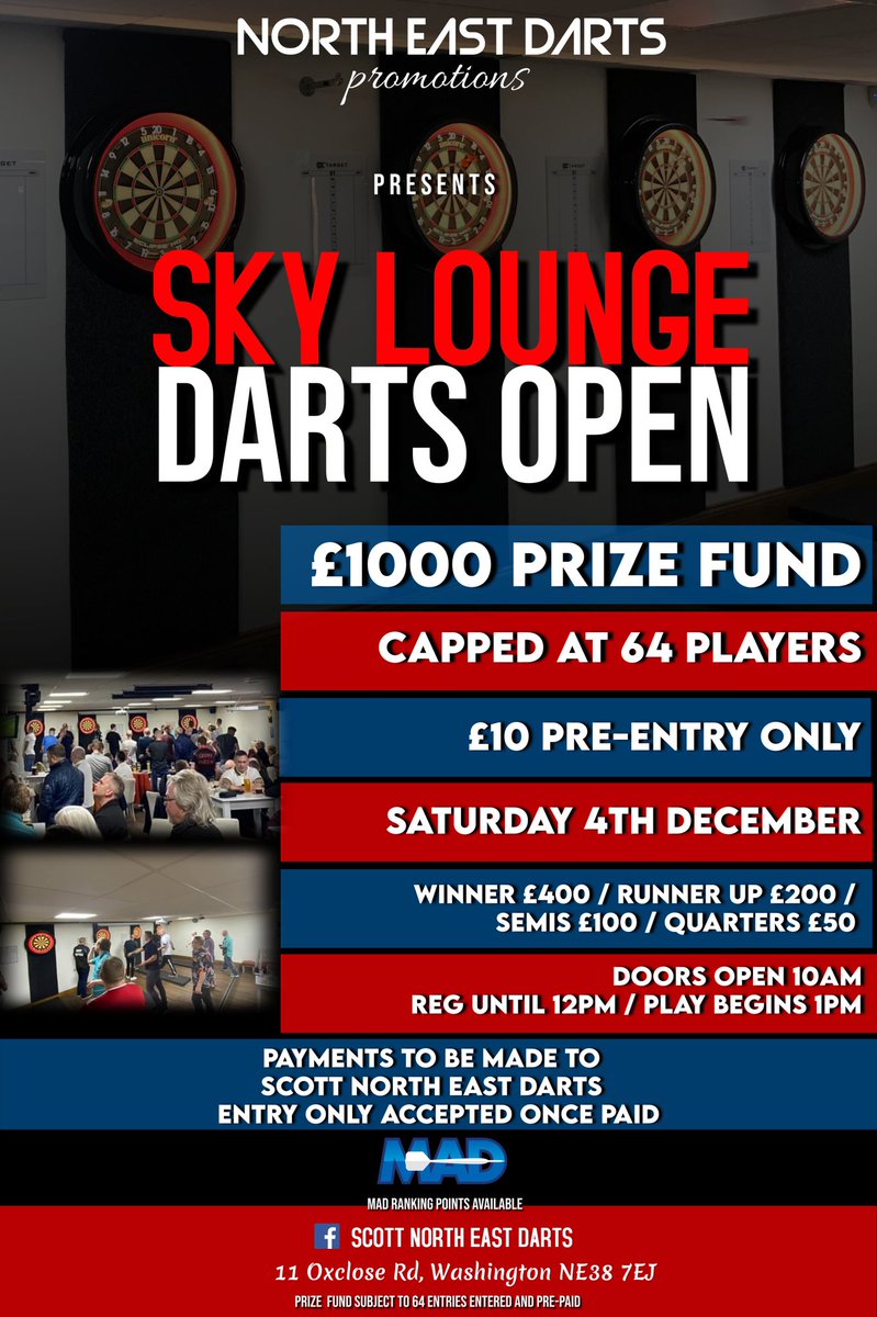 Next Sky Lounge Open.

💰1k prize fund 

📲 Pre entry only 

🧍🏼‍♂️Capped at 64 players 

NORTHEASTDARTS.com