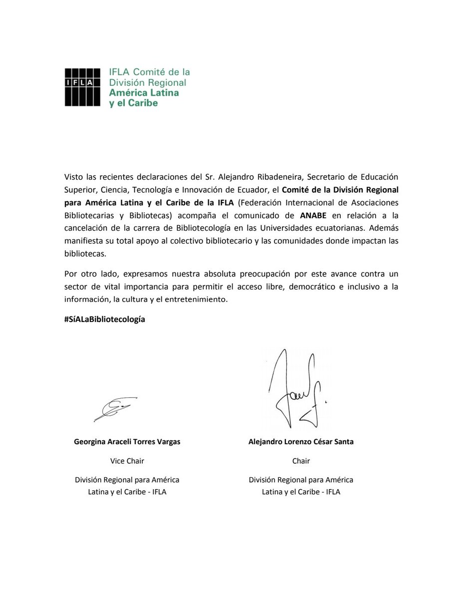 AlejSanta's tweet photo. Ante la grave situación que está atravesando el colectivo bibliotecario de Ecuador les comparto la nota pública que elevamos desde la @IFLALAC .
Es muy importante que nuestra voz sea escuchada. https://t.co/vHm72tz8ZC