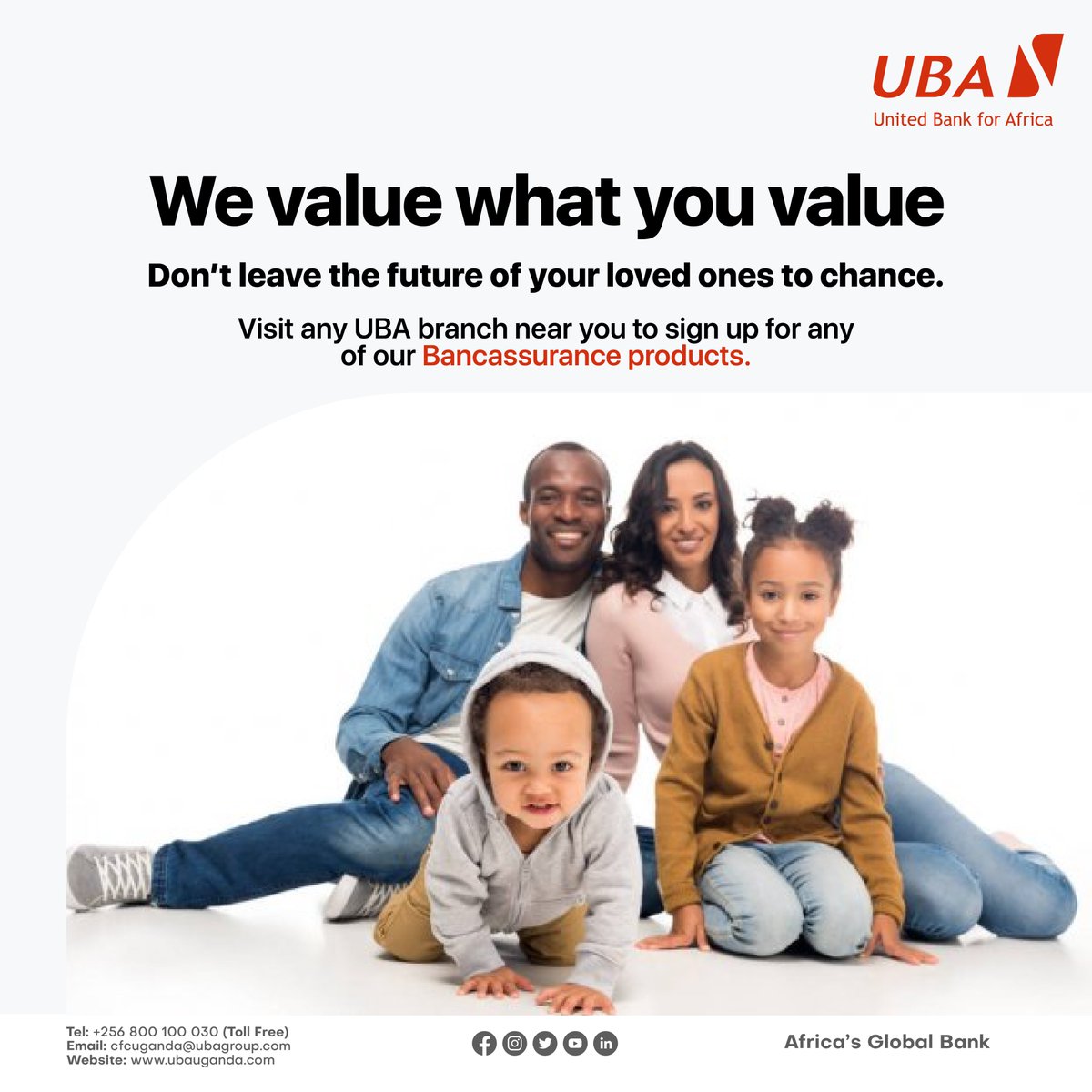 UBAUganda's tweet photo. Protect what you value, Your Family. Don’t leave the future of your loved ones to chance. Sign up for any of our Bancassurance products today at any of our branches countrywide and protect their future.
#UBABancAssurance
#JubileeInsurance
#ICEA #BritamInsurance
#NICInsurance https://t.co/kUw5H5hqWl