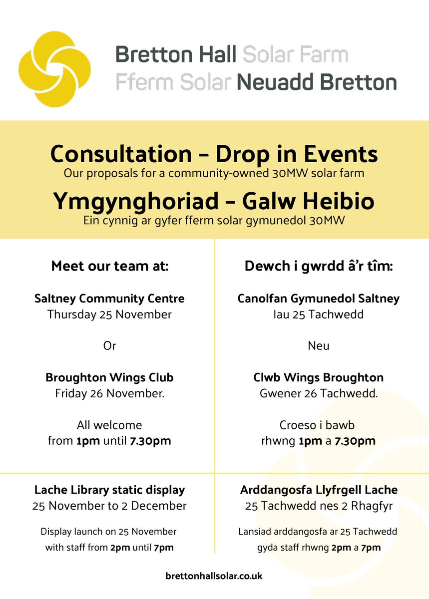 Very excited to be able to hold in person consultations for our proposed community-owned solar farm at Bretton Hall. Drop by and meet the team. Information below.

Dewch i gwrdd â'r tîm, croeso i bawb 💛