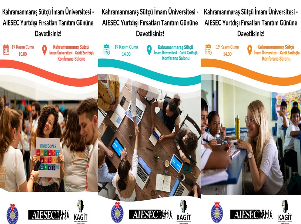 KAGİM, AIESEC ve KAGİT işbirliğinde, KSÜ- AIESEC Yurtdışı Fırsatları Tanıtım Günü, 19 Kasım 2021 Cuma Günü, Cahit Zarifoğlu Konferans Salonunda saat 10.00 ve 14.00'te yapılacak oturumlarla gerçekleştirilecektir. Bütün öğrencilerimiz bu etkinliğe davetlidir.kagim.ksu.edu.tr/Default.aspx?D…