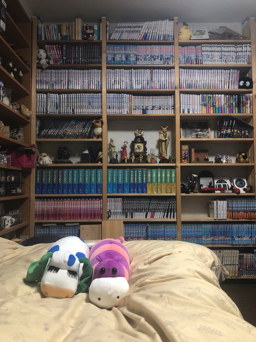 RGBodn4PZl0aDOy's tweet photo. ベッドにもたれかかった時の光景。
紫のカバ？のこのつぶらな瞳よ🥺可愛い☺️
バロンコーナーはライトアップも検討中🤔
漫画のために本棚作ったのに半分グッズ置き場になってしまった笑 https://t.co/vfzKg2tjfh