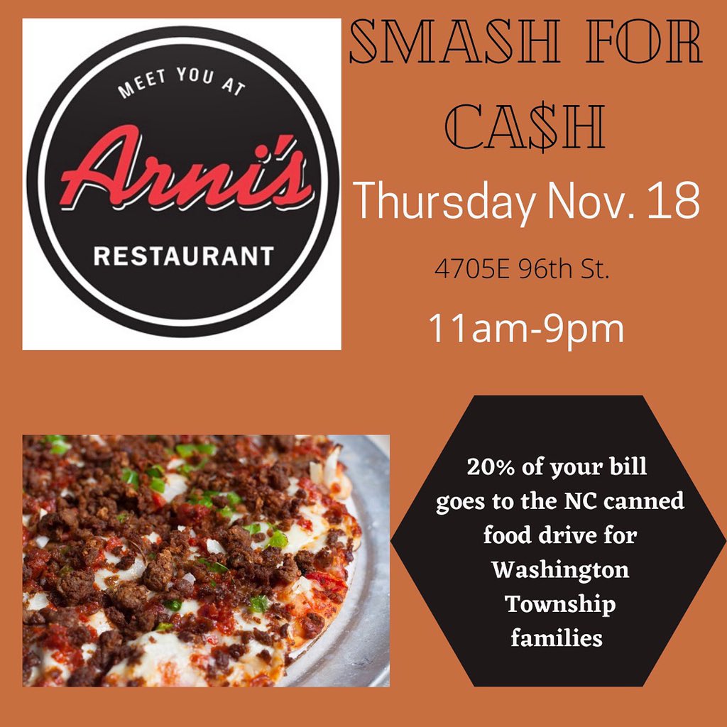 nchsclassof2022's tweet photo. SMASH FOR CASH AT ARNI’S TODAY (Thursday)!!!! Support the NC Canned Food Drive!! @NC_Principal @ArnisRestaurant https://t.co/oULuH2UjiO
