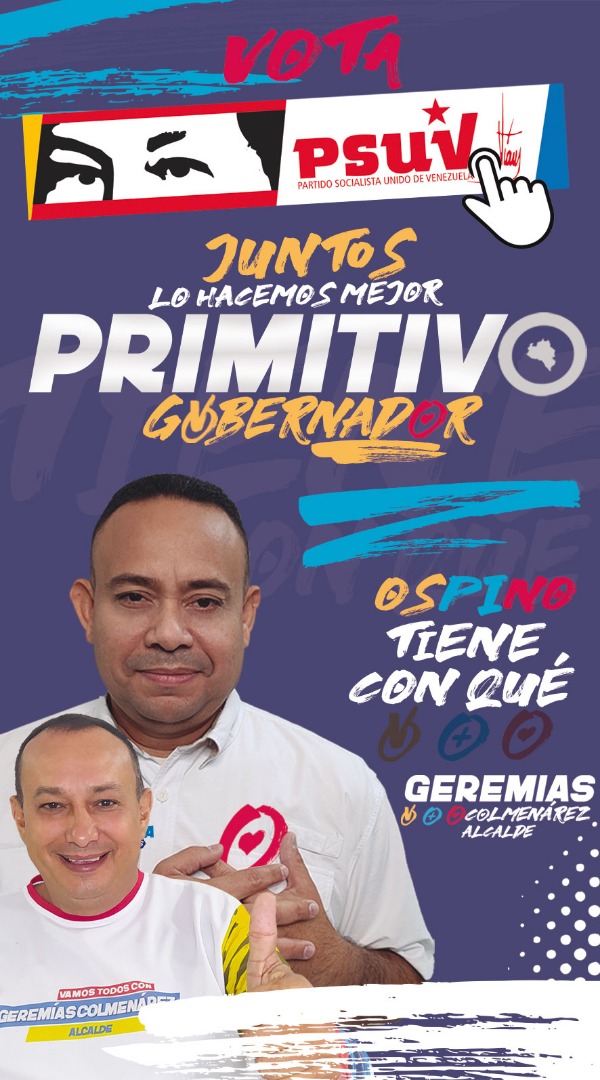 Ospino este domingo #21Nov Vota PSUV-GPPSB, arriba y a la Izquierda, en los ojitos de Chávez por Geremias Colmenarez Alcalde y Primitivo Cedeño Gobernador
#OspinoTieneConQue
#ElCompromisoEsContigo