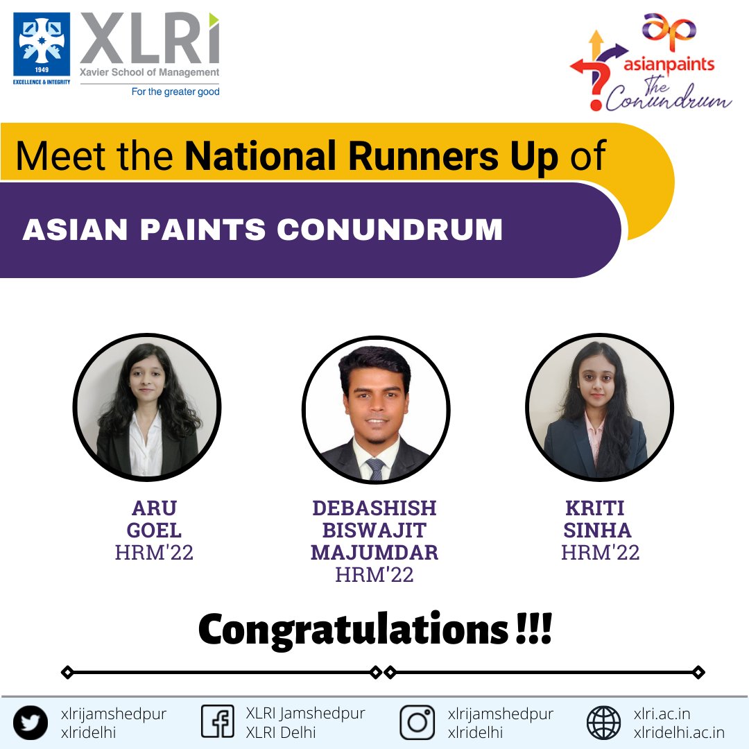 XLRIJamshedpur's tweet photo. We are delighted to congratulate Aru Goel, Debashish Biswajit Majumdar and Kriti Sinha from the HRM 22 batch, for emerging as the National Runners Up of Asian Paints - The Conundrum.
We wish them the best for their future endeavours!
#xlri #xlrijamshedpur #xlridelhi #casecomp https://t.co/yyLCKz5ol9