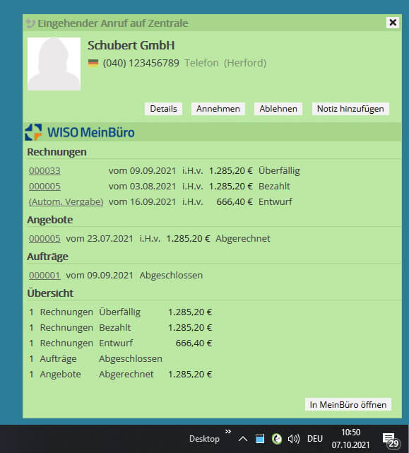 PhoneMondo's tweet photo. Ganz neu: das PhoneMondo Addon für WISO MeinBüro Web!
Damit werden Kundendaten, Rechnungen, Angebote und Aufträge beim Anruf eines Kunden angezeigt 😎
Telefonnummern in MeinBüro sind klickbar und starten einen Anruf an den Kunden.

#PhoneMondo #wiso #meinbüro #integration #Buhl https://t.co/hZdfLsFynR