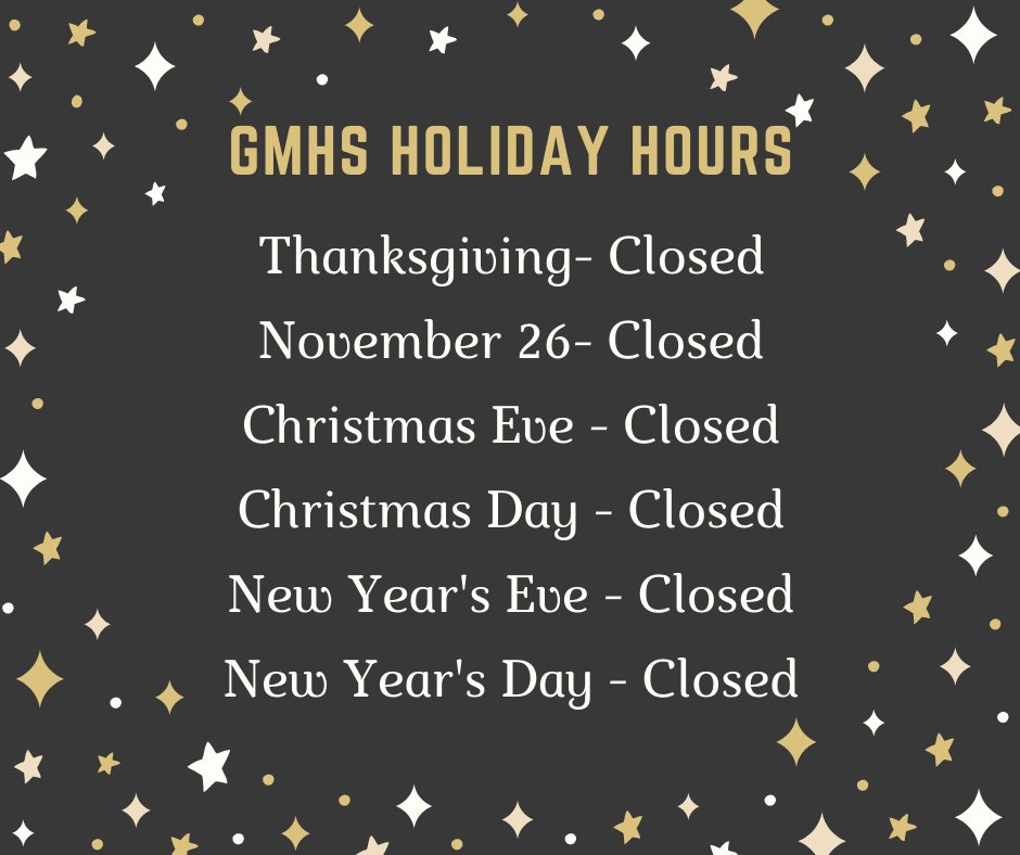 #gmhumanesociety will be closed to the public on the following dates.

Not to worry though: Our dedicated team will be here, ensuring the homeless pets are loved and cared for as always! 🐾 

#adoptdontshop