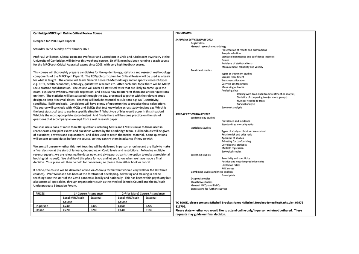 Here are details of next Critical Review for MRCPsych course on 26/27 Feb 2022. Please let trainees who could be interested know.