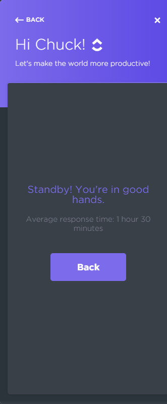 chuckbabin's tweet photo. @clickup - 4 day wait to get a response from tech support via email then this when trying to chat. If you're cheaping out on service to keep costs low, I get it, but don't tout "24/7 world-class support" https://t.co/aglOAGvma3