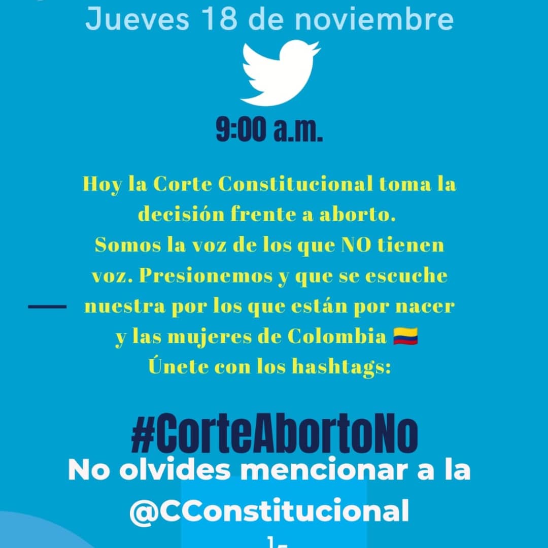Isaalvarezr1's tweet photo. ⚠️ COLOMBIA BAJO AMENAZA DE ABORTO⚠️

📢 *CITA TUITERA JUEVES 18 DE NOVIEMBRE EN COLOMBIA*🇨🇴 

Hashtag
*#CorteAbortoNo*

#doslatidoscali presente en oración https://t.co/PO9maoEdt8