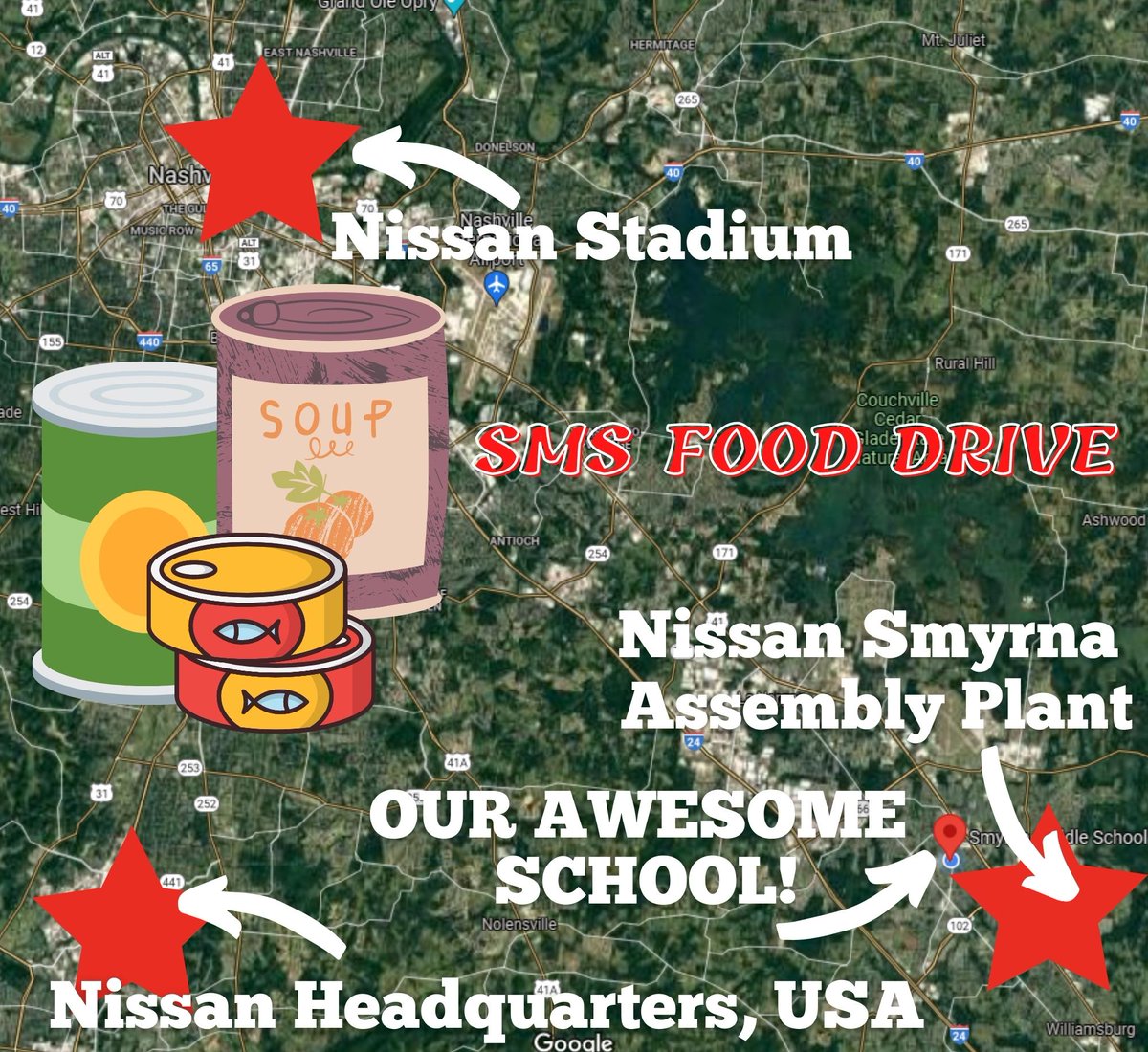Dear NissanUSA,

Hello! Our school is 2.3 miles from the Nissan Smyrna Assembly Plant! We would LOVE your help with our SMS Food Drive! We are donating to our local Smyrna food pantry. #communitypartners #fooddrivehailmary #ourprincipaldrivesanissan <a href="/nissanusa/">Nissan</a> <a href="/SmyrnaMiddle/">Smyrna Middle School</a>