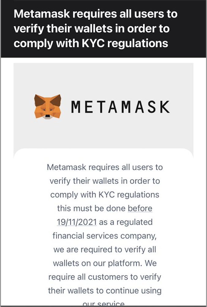 MetaMaskSupport's tweet image. We&apos;re aware of a recent email phishing campaign asking users to &quot;verify&quot; their wallet to comply with KYC regulations.  This is a SCAM, please report as spam and delete it!