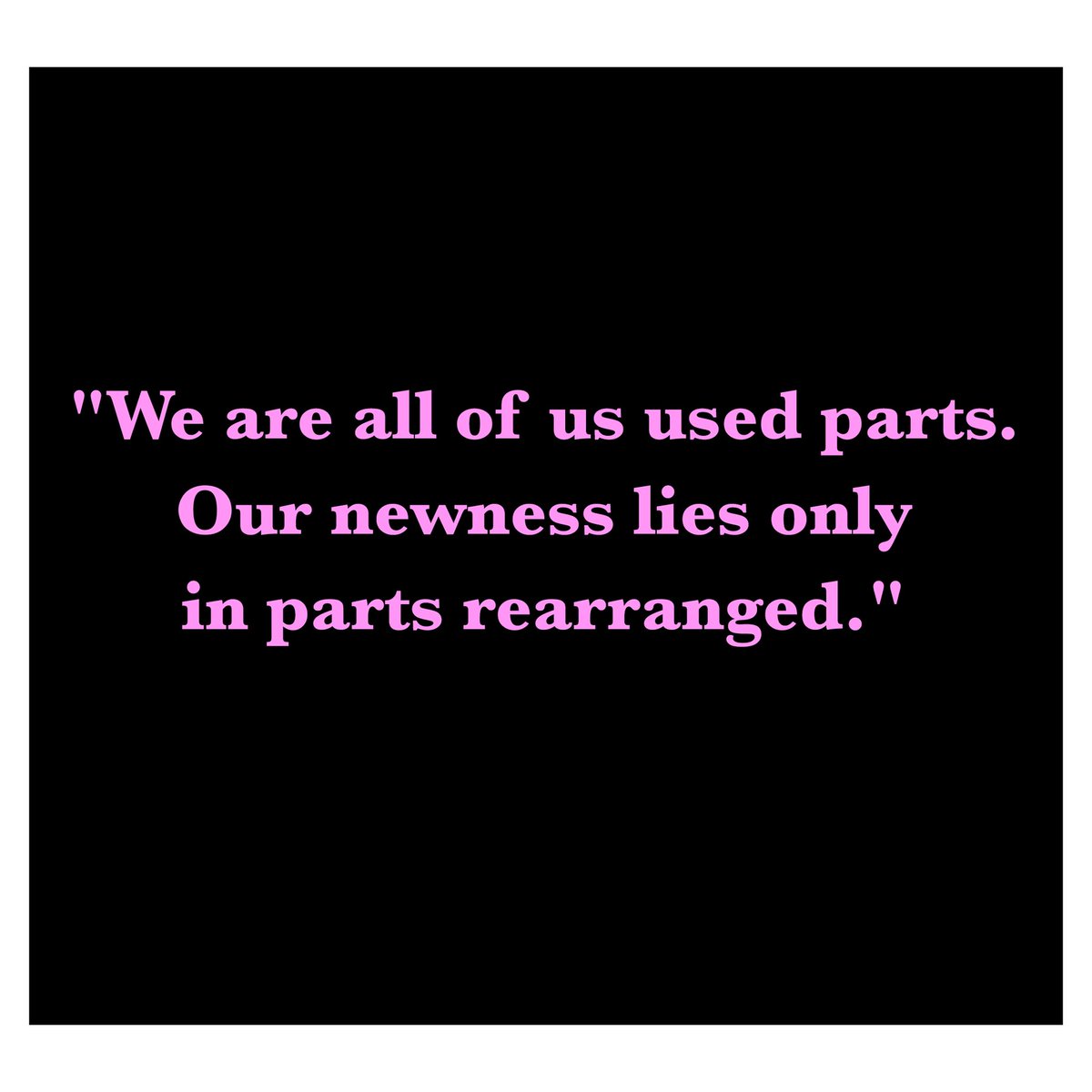 We are all of us used parts. Our newness lies only in parts rearranged. The Familiar, Volume 1, page 94.
