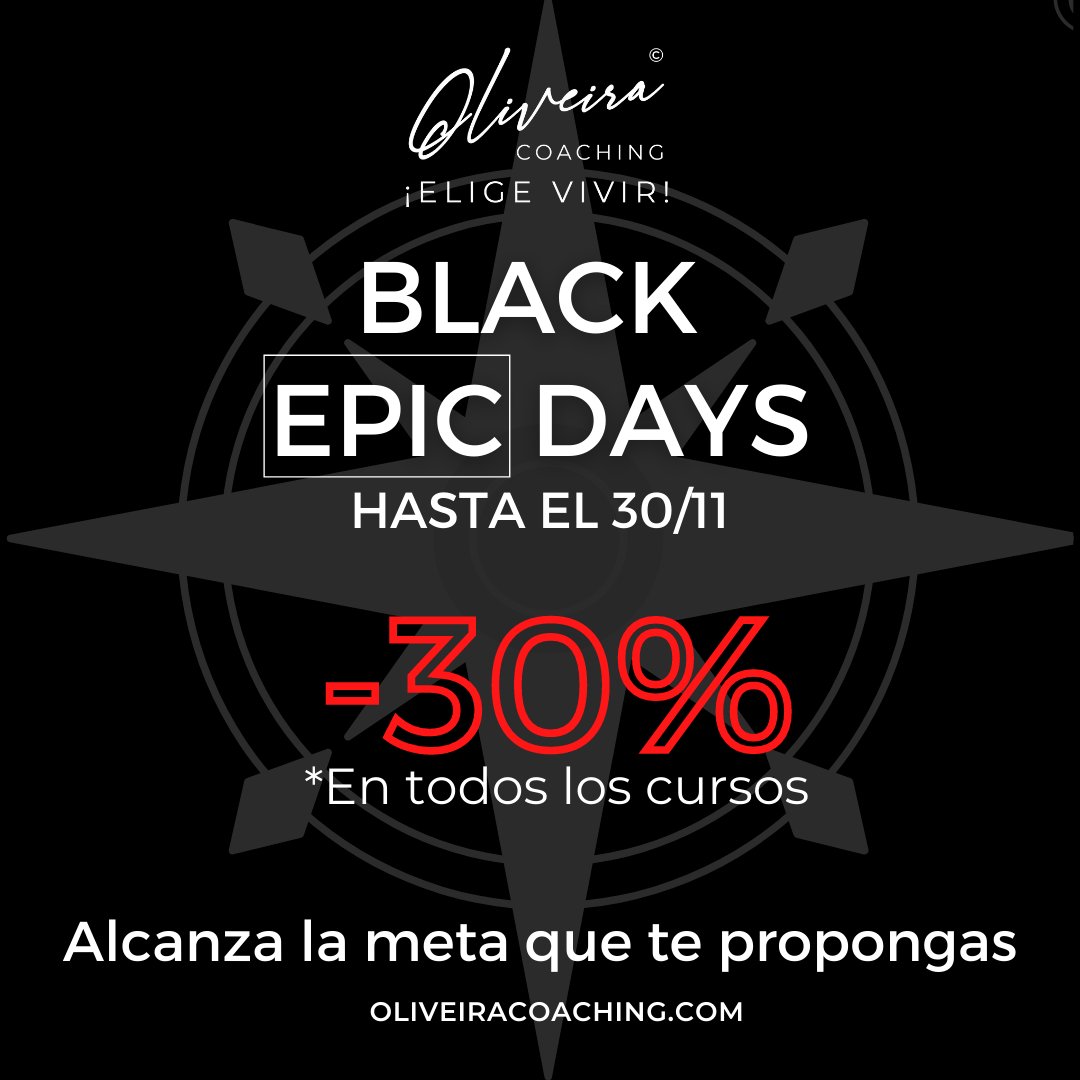 ¡Disfruta de un descuento del 30% en todos mis cursos!

- Claves para tu desarrollo profesional y éxito con EPIC Professional Career.
- Alcanzar la felicidad y la plenitud con EPIC Life.
- Alcanzar la transcendencia y objetivos con EPIC Transcendence. 

¡Solo hasta el 30/11!