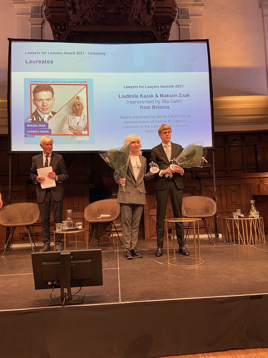 L4L_INT's tweet photo. The 2021 Lawyers for Lawyers Award was granted to Belarusian lawyers Liudmila Kazak and Maksim Znak during our award ceremony this afternoon. #L4LAward2021 https://t.co/vLPNap7LQm