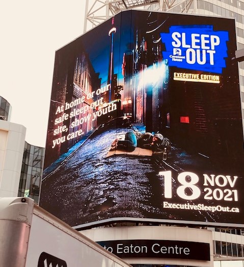 One of our staff spotted the #ExecSleepOutTO billboard at Yonge &amp; Dundas and we thought it was the perfect reminder to sponsor a sleeper or donate directly to the event before it kicks off tonight! #makeadifferencetoday #youthhomelessness #fundraisingforacause #charity
