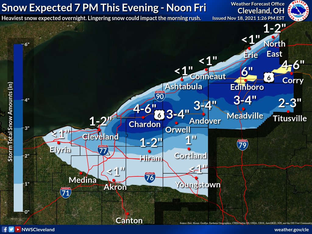 Winter Weather Advisories are in effect this evening into Friday morning for much of the snowbelt. Accumulating lake effect snow of generally 3 to 5 inches is expected. The heaviest snow will occur overnight, though lingering snow Friday morning could impact the morning commute.