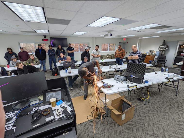 horizonpgh's tweet photo. Today was our monthly Tech Meeting &amp; we were very happy to have Russ Anderson &amp; Dominic Magnotti from one of our vendors, Assa Abloy, come and run a class on electric strike cutting. Our techs learned all about cutting strikes into doorframes operated on access control systems. https://t.co/UnkeuF1u9z