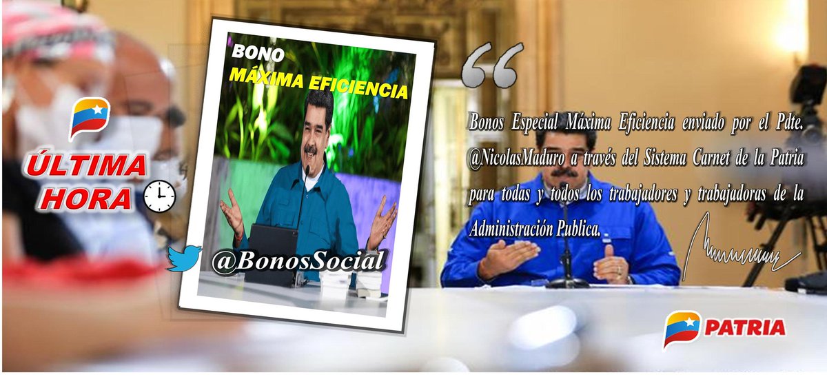 Hoy #18Nov continúa la entrega del Bono #MaximaEficiencia mes (noviembre 2021) a los trabajadores activos y jubilados de la Administración Pública a través del Sistema <a href="/CarnetDLaPatria/">Carnet de la patria</a> enviado por nuestros Pdte. <a href="/NicolasMaduro/">Nicolás Maduro</a>

#ViviendaSoluciónEnRevolución