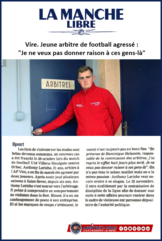 ArbitrezVous's tweet photo. #AlerteAgressionArbitre #RasLeSifflet
Agressé lors d'un match U18 le samedi 30 octobre, l'arbitre à l'AF Vire Anthony LERICHE a porté plainte...
@ArbitresSAFE @UnafArbitres @FFF @lequipe @Sport_PN @BFMTV @M6 @vphulpin @Sports_gouv @justice_gouv @Interieur_Gouv @AfVirois https://t.co/P2c1o2Cqdo