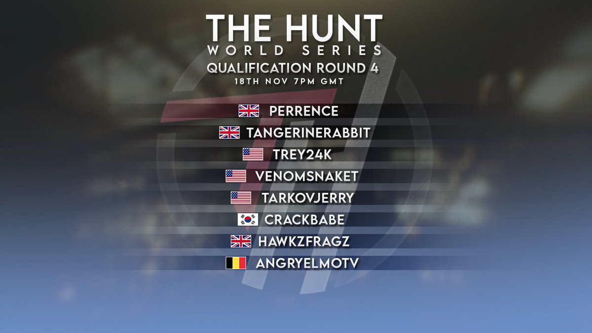 THE HUNT: WORLD SERIES SOLO TOURNAMENT

Qualifier 4: LIVE NOW!
twitch.tv/Philbo

Hosted By 
<a href="/Philbotv/">Philbo</a> &amp; <a href="/Ironfists_tv/">IronFists</a>

#EscapefromTarkov <a href="/bstategames/">Battlestate Games</a>